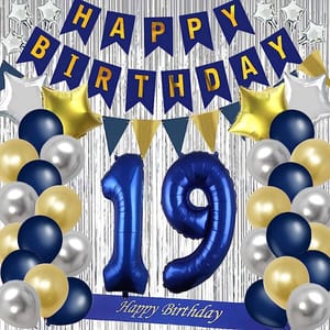 19th Happy Birthday Balloon Decoration ,Decoration Theme- For Kids Blue & Silver & Gold Happy Birthday Decoration Service At Your Door-Step,(19th Birthday Decoration)