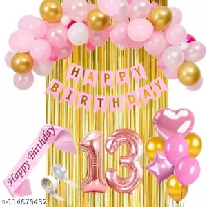 13th Happy Birthday Balloon Decoration ,Decoration Theme-Gold & Pink & White, Happy Birthday Decoration Service At Your Door-Step,( 13th Birthday Decoration )