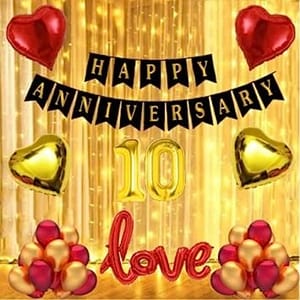10th Happy Anniversary Balloon Decoration ,Decoration Theme-Red & Gold , Happy Anniversary Decoration Service At Your Door-Step, (10th Anniversary Decoration)