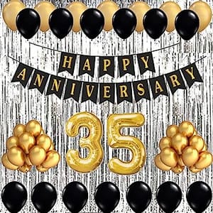 35th Happy Anniversary Balloon Decoration ,Decoration Theme-Gold & Black With Silver Background , Happy Anniversary Decoration Service At Your Door-Step, (35th Anniversary Decoration)