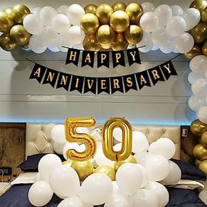50th Happy Anniversary Balloon Decoration ,Decoration Theme-Gold & White , Happy Anniversary Decoration Service At Your Door-Step, (50th Anniversary Decoration)