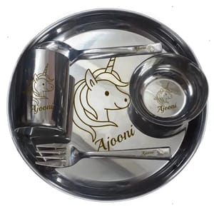 Unicorn Printed Personalized Gift For Girls Dinner Set  Stainless Steel  , With Name And logo on it ,It's Perfect Gift For Girls ( Unicorn Printed )