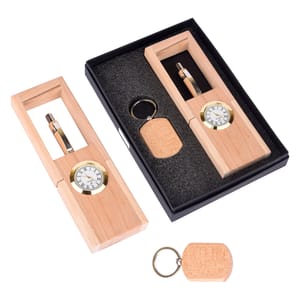 Beautiful 2 in 1 Wooden Gift Set contains Pen Holder with an in-built watch & Keychain with laser engraving & screen printing Perfect for corporate gift
