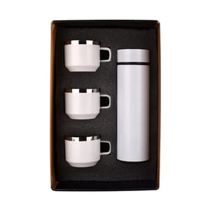Honor Matte White Smart LED Active Temperature Display Indicator Insulated Stainless Steel Hot & Cold Flask Bottle With 3 Steel Cups Combo set of 1 Pc for Corporate Gift