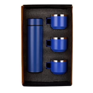 Honor Matte Blue Smart LED Active Temperature Display Indicator Insulated Stainless Steel Hot & Cold Flask Bottle With 3 Steel Cups Combo set of 1 Pc for Corporate Gift