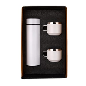 Wizard Matte White Smart LED Active Temperature Display Indicator Insulated Stainless Steel Hot & Cold Flask Bottle With 2 Steel Cups Combo set of 1 Pc for Corporate Gift