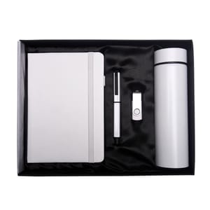 Glorious White Tech Gift Box includes a Temperature bottle, Leather diary, metallic Pen, and Pendrive is the best essentials combo gift suitable for all Corporates.