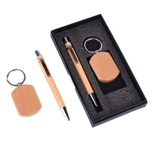 Amplify your sense of gifting with this New Gift set of Classy Wooden Textured Pen with Rectangular Keychain for your Clients and Employees