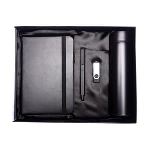 Glorious Black Tech Gift Box includes a Temperature bottle, Leather diary, metallic Pen, and Pendrive is the best essentials combo gift suitable for all Corporates.