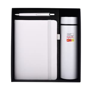 Glory 3 in 1 White Gift Set (Plastic Pen) Notebook & Temperature Bottle perfect corporate gift for all your employees, clients and prospects with UV printing service