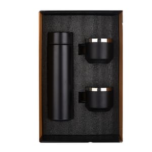 Wizard Matte Black Smart LED Active Temperature Display Indicator Insulated Stainless Steel Hot & Cold Flask Bottle With 2 Steel Cups Combo set of 1 Pc for Corporate Gift