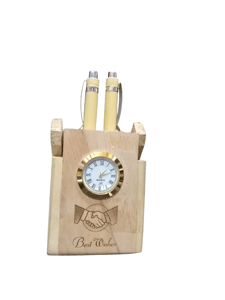 Wooden Watch cum 2 Pen Stand, Pen Holder With Watch & Best Wishes , wooden pencil holder,Perfect for Office & Home Desk, Gift for Birthday