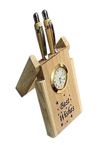 Wooden Watch cum 2 Pen Stand, Pen Holder With Watch & Best Wishes , wooden pencil holder,Perfect for Office & Home Desk, Gift for Birthday