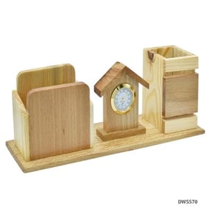 Wooden Pen Stand With 1 Compartments & With Home Clock ,Perfect for Office & Home Desk, Gift for Birthday