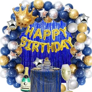Happy Birthday Balloon Decoration ,Decoration Theme- Gold & Blue & Silver , Happy Birthday Decoration Service At Your Door-Step.