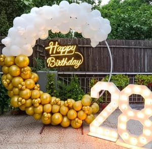 28th Happy Birthday Balloon Decoration White & Gold With 28 Number Led Light ,Birthday Decoration Service At Your Door-Step
