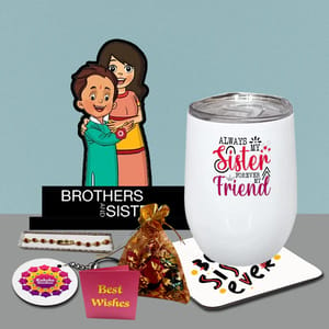 Brother & Sister Rakhi hamper  Includes Rudraksha Rakhi,Sister Wine Mug,Brother Sister Caricature,Best Sister Coaster,Keychain,Chocolate Pouch & Best wishes Card a personal touch to the gift hamper