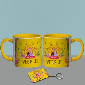 The Best Veer Ji Rakhi hamper  Includes Rudraksha Rakhi,Veer Ji Tea Mug,Veer Ji Coaster,Keychain,Chocolate Pouch & Best wishes Card a personal touch to the gift hamper
Sale price