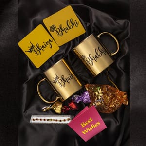 Bhaiya & Bhabhi Rakhi hamper  Includes Rudraksha Rakhi,Golden Plated Mug,MDF Coaster,Chocolate Pouch & Best wishes Card a personal touch to the gift hamper