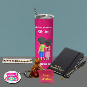 Sibling Rakhi Hamper -  Includes Rudraksha Rakhi,Skinny Tumbler,Diary & Pen,Keychain,Chocolate Pouch & Best wishes Card a personal touch to the gift hamper