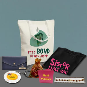 Sister Bond Rakhi Hamper  Includes Rudraksha Rakhi,T-Shirt,Women Leather Wallet,Tote Bag,Keychain,Chocolate Pouch & Best wishes Card a personal touch to the gift hamper