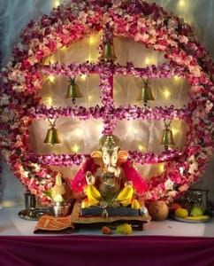 Artificial Flower Decoration With Bell For Ganesh Chaturthi Flower Decoration - Ideas for Ganpati Festival Decoration Service For Home