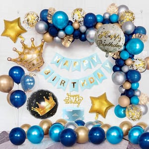 ThemeHouseParty Golden blue Happy Birthday Decoration Combo Kit with crown banner balloons 51pcs for Birthday Decoration Boys,Girl,Husband, Wife, Girl Friend, Adult. (blue 51pcs)