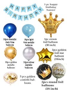ThemeHouseParty Golden blue Happy Birthday Decoration Combo Kit with crown banner balloons 51pcs for Birthday Decoration Boys,Girl,Husband, Wife, Girl Friend, Adult. (blue 51pcs)