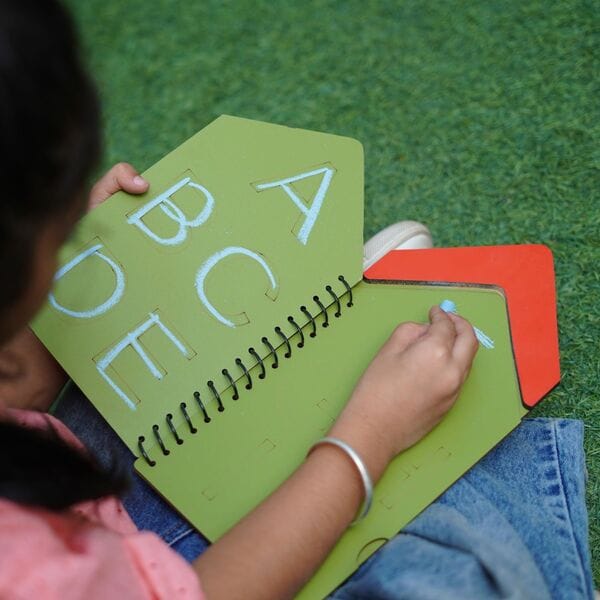 Hut Shape Wooden A to Z English Capital Alphabets Reusable Chalk Book for Preschool