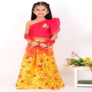 Girl's One Shoulder Embroidered Silk Readymade Lehenga Choli With Dupatta Set