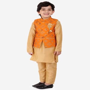 Boy's Cotton Kurta with Embroidered Jacket & Pyjama