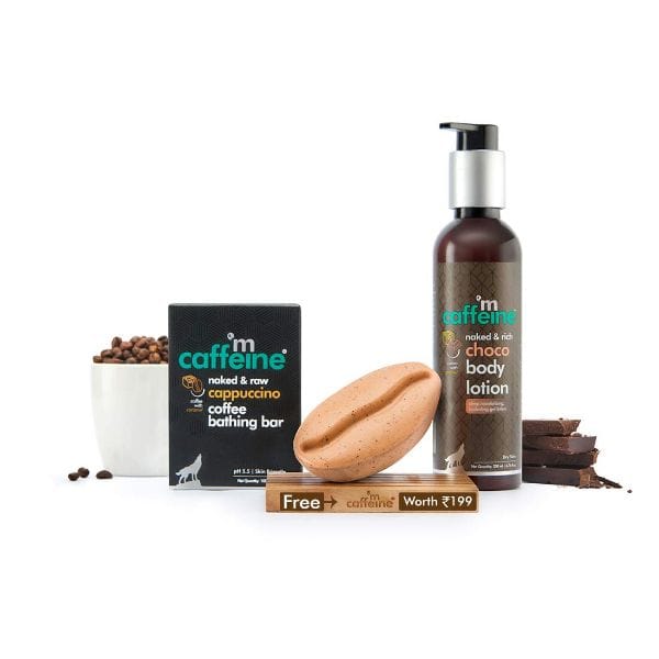 Daily Cappuccino Bath Kit | Free Handcrafted Bean Tray | Polishes, Moisturizes | Coffee Bathing Bar Soap, Choco Body Lotion | Mineral Oil Free