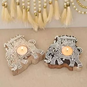 cThemeHouseParty 2 Pcs Wooden Candle Holder with 2 wax candle, Floor Decoration Reusable for Puja decor.