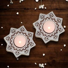 cThemeHouseParty 2 Pcs Wooden Candle Holder with 2 wax Candles, Floor Decoration Reusable for Puja Diwali Decor Tealight Candle Holder Diya for Pooja.