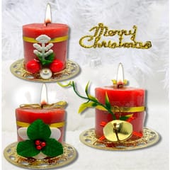 Candles Red Wax Pillar Design Round Merry Christmas Candles with Decoration Items for Xmas Santa Candles for Home Office Decoration (Pack of 3)  By cThemeHouseParty