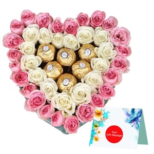 25 Pink Roses, 15 White Roses With 4Pcs Rocher Heart Shape Arrangement  For Mother's Day Gift For Mom