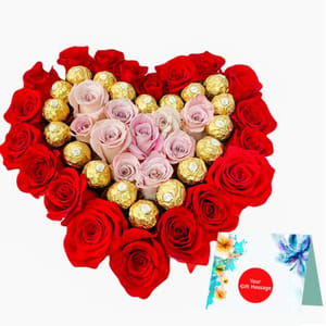 20 Red Roses, 10 Pink Roses 16Pcs Rocher Heart Shape Arrangement With Free Personalised Message Card.For Mother's Day Gift For Mom