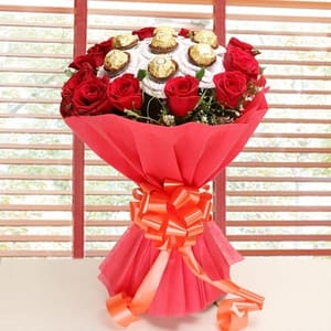 12 Red Roses And 7 Pcs Ferrero Rocher Bouquet For Mother's Day Gift For Mom