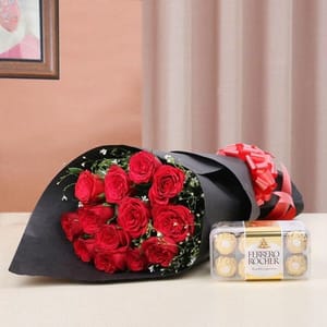12 Red Roses - Black paper - Ferrero Rocher (16 pcs) For Mother's Day Gift For Mom