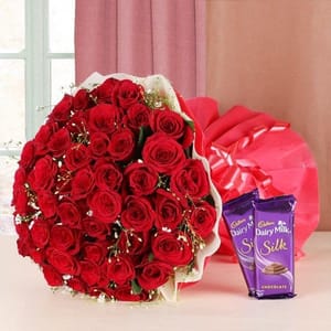 50 Red Roses Bouquet- 2 DairyMilk Silk (60gms each) For Mother's Day Gift For Mom