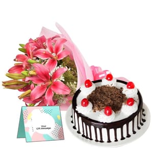 Pink Lilies with Black Forest cake With Free Personalised Message Card For Mother's Day Gift For Mom