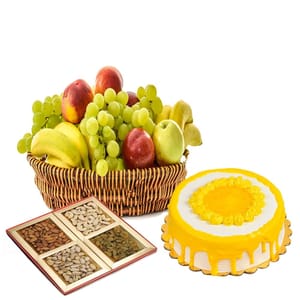 Mango Cake with Fresh Fruits and Mixed Dry Fruits Hamper  For Mother's Day Gift For Mom