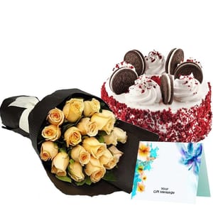 Peach and White Roses Bouquet with Red Velvet Oreo Cake With Free Personalised Message Card For Mother's Day Gift For Mom