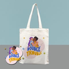 Double Trouble Rakhi hamper  Includes Rudraksha Rakhi,Ceramic Tumbler,Tote Bag,Fridge Magnet,Chocolate Pouch & Best wishes Card a personal touch to the gift hamper.