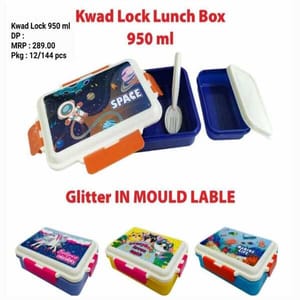 Kwad Lock Lunch Box 950ml Glitter In Mould Lable For School Kids