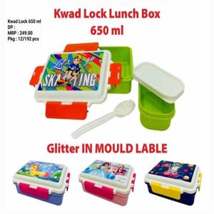 Kwad Lock Lunch Box 650ml Glitter In Mould Lable For School Kids