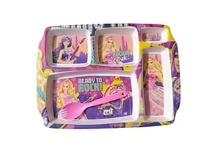 Melamine Kids Dinner Plate with 1 Spoon Barbie Rectangular 5 Section Multicolor for Gift, for Kids Return Gift