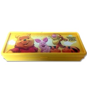 Winnie The Pooh Cartoon Theme Plastic Pencil Box with Compartment for Kids (Yellow, 20x10x3 cm)