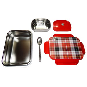 Tacos Steel Lock-800 Red Check Design Big Lunch Box For Office Use Steel Inner Leakproof Plastic Grip 800 ml