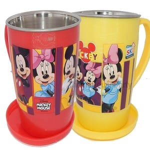 Mickey Mouse Cartoon Print Drinking Unbreakable Hot Double Wall Plastic with Stainless Steel Inner Tea,Coffee,Milk Mug for Kids Set of 2